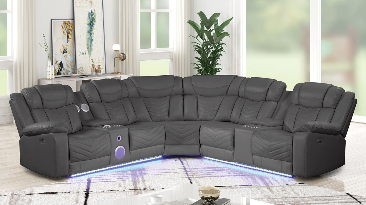 Challenger Modern Style Recliner Sectional Sofa, Built In USB - C Ports & Bluetooth, Made With Wood & Faux Leather In Gray