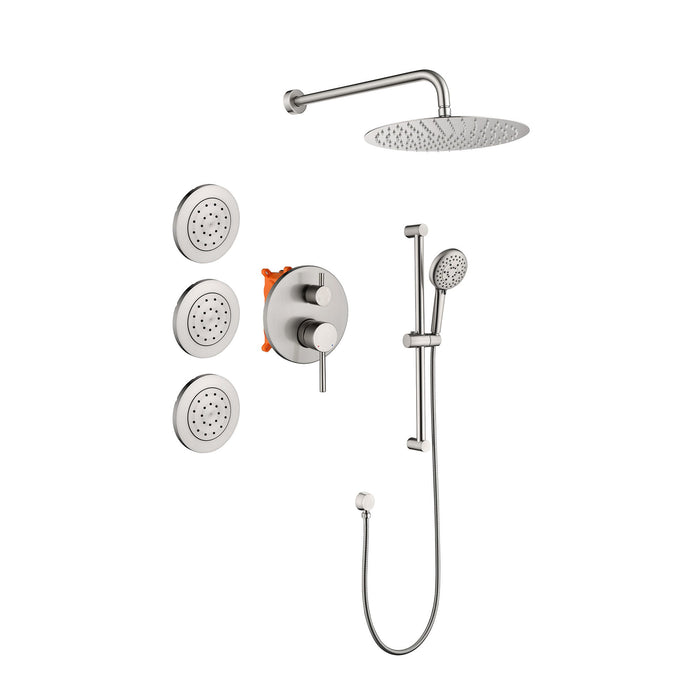 Shower System With Shower Head, Hand Shower, Slide Bar, Bodysprays, Shower Arm, Hose, Valve Trim, And Lever Handles, Brushed Nickel