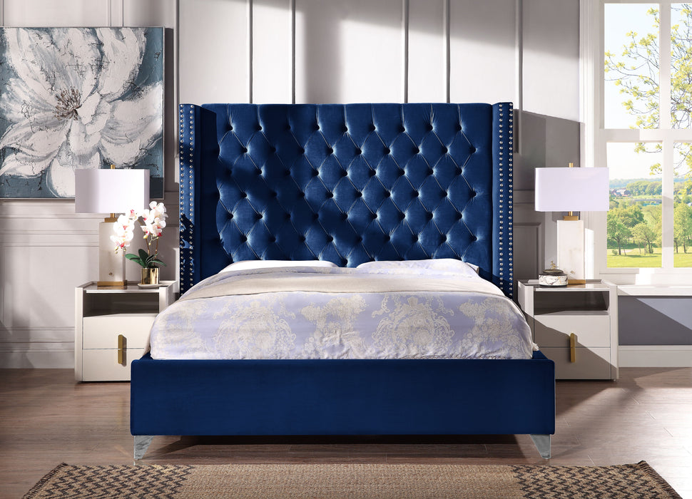 Contemporary Velvet Upholstered Bed With Deep Button Tufting, Solid Wood Frame, High - Density Foam, Silver Metal Leg, Queen Size - Blue
