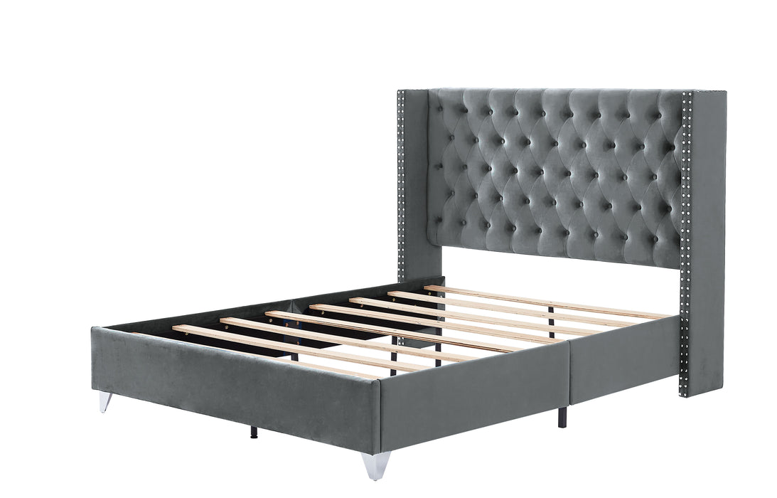B100S Queen Bed With One Nightstand, Button Designed Headboard, Strong Wooden Slats And Metal Legs With Electroplate - Gray