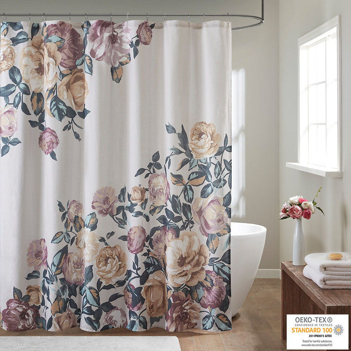 Cotton Floral Printed Shower Curtain - Ivory