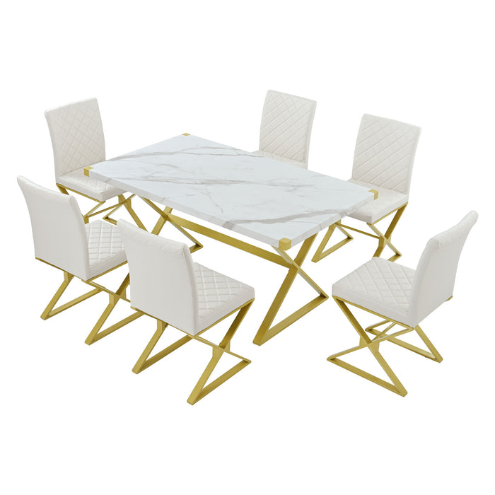 Trexm 7 Piece Modern Dining Table Set, Rectangular Marble Texture Kitchen Table And 6 PU Leather Chairs With X-Shaped Gold Steel Pipe Legs For Dining Room (White)
