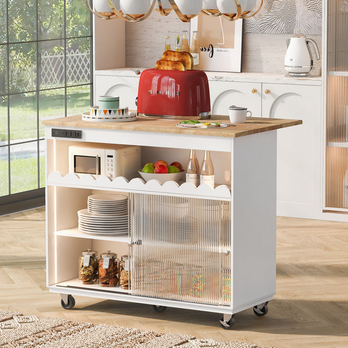 Kitchen Island With Drop Leaf, Led Light Kitchen Cart On Wheels With Power Outlets, 2 Sliding Fluted Glass Doors, Large Kitchen Island Cart With 2 Cabinet And 1 Open Shelf (White)