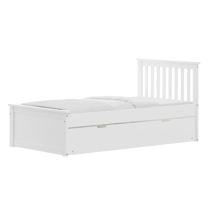 Yes4Wood White Twin Bed With Trundle, Solid Wood Malibu Bed Frame With Twin Size Pull-Out Trundle For Kids And Toddlers