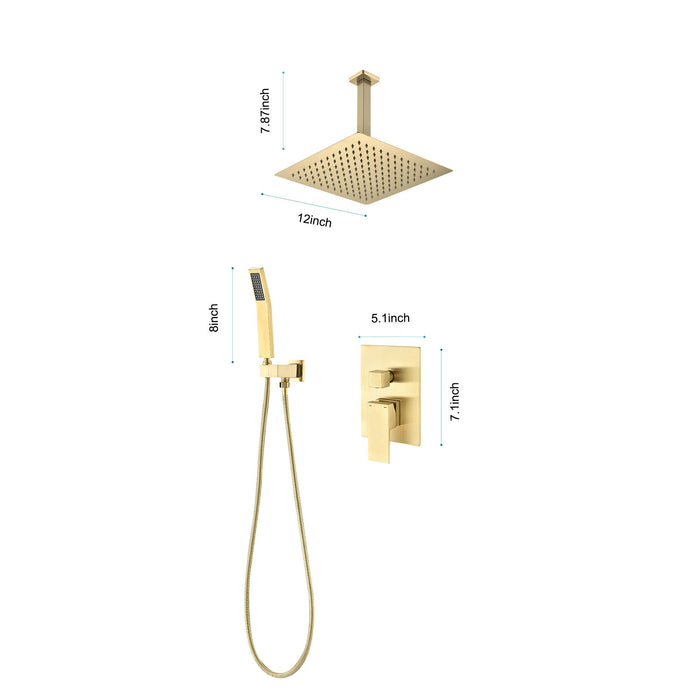 Ceiling Mounted Shower System Combo Set With Handheld And 12"Shower Head - Gold
