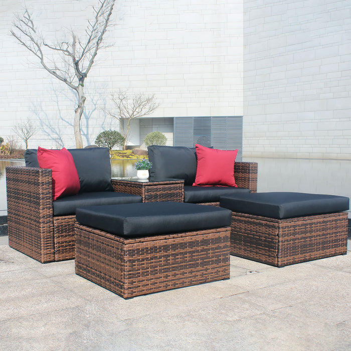 5 Pieces Outdoor Patio Garden Brown Wicker Sectional Conversation Sofa Set With Black Cushions And Red Pillows, With Furniture Protection Cover
