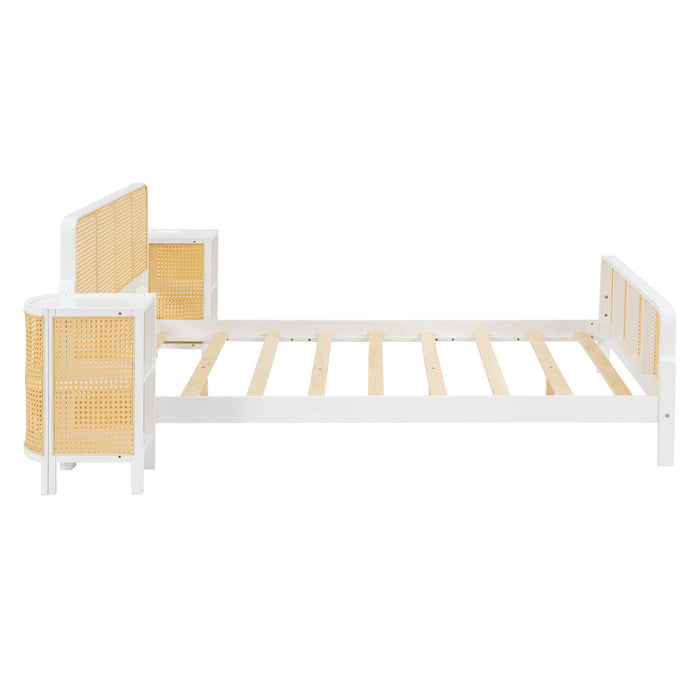 3 Pieces Rattan Platform Full Size Bed With 2 Nightstands, White