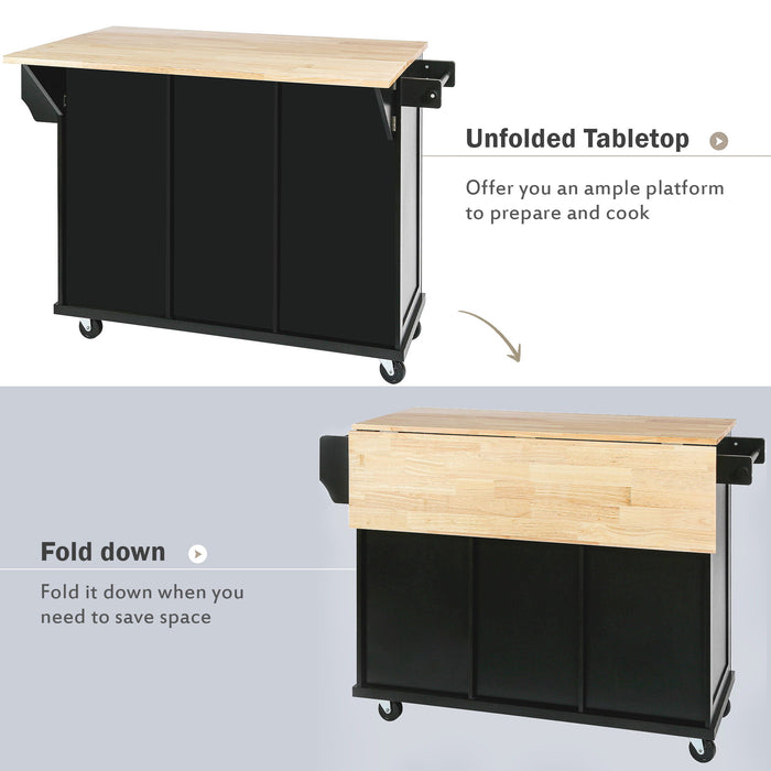 Kitchen Cart With Rubber Wood Drop - Leaf Countertop, Cabinet Door Internal Storage Racks, Kitchen Island On 5 Wheels With Storage Cabinet And 3 Drawers For Dinning Room, Black