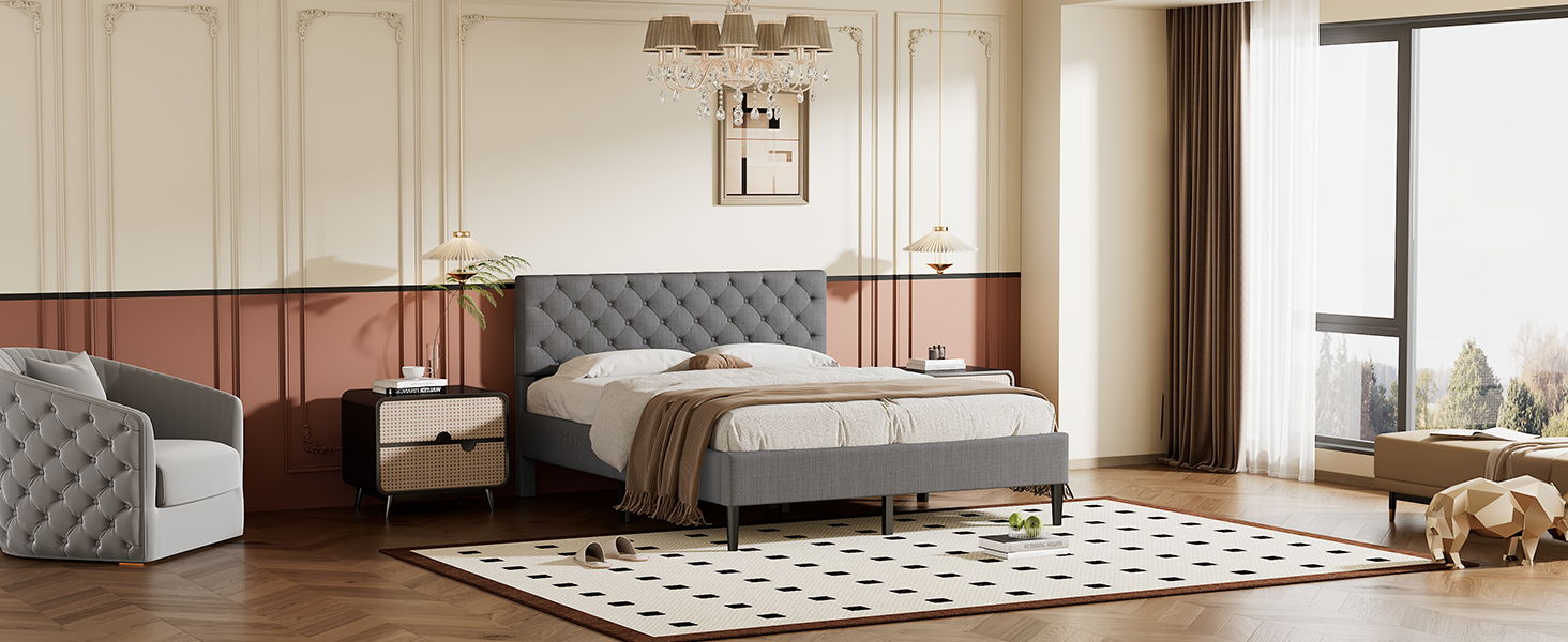 Upholstered Linen Platform Bed, Queen Size, Gray