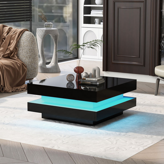 On-Trend High Gloss Minimalist Design With Plug - In 16 - Color LED Lights, 2-Tier Square Coffee Table, Center Table For Living Room, 31.5''X31.5''X14.2'', Black
