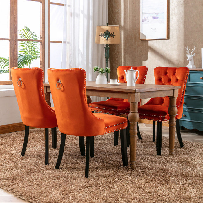 Nikki Collection Modern, High - End Tufted Solid Wood Contemporary Upholstered Dining Chair With Wood Legs Nailhead (Set of 2) - Orange