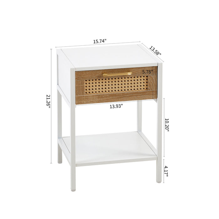Rattan End Table With Drawer, Modern Nightstand, Metal Legs, Side Table For Living Room, Bedroom, White