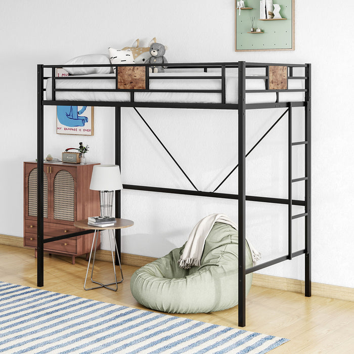 Metal Twin Loft Bed Frame With Stairs & Full-Length Guardrail, Space-Saving Design, No Box Spring Needed, Noise Free, Black