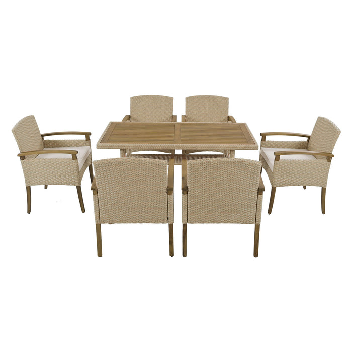 Top max Outdoor Patio 7 Piece Dining Table Set All Weather Pe Rattan Dining Set With Wood TableTop And Cushions For 6, White