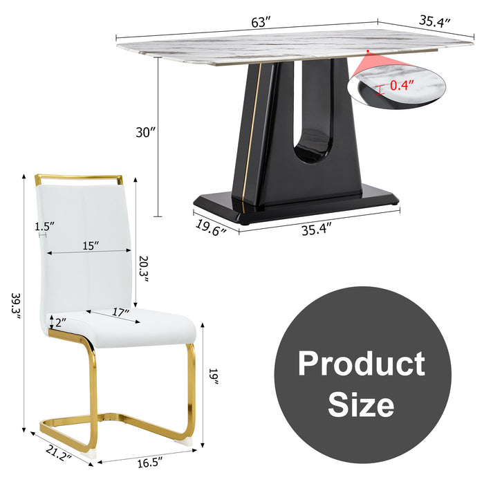 1 Table And 4 Chairs Modern, Simple And Luxurious Black Imitation Marble Rectangular Dining Table And Desk With 4 White PU Gold Plated Leg Chairs