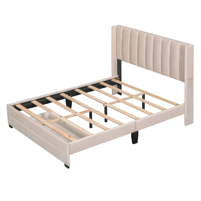 Full Size Storage Bed Velvet Upholstered Platform Bed With Big Drawer - Beige
