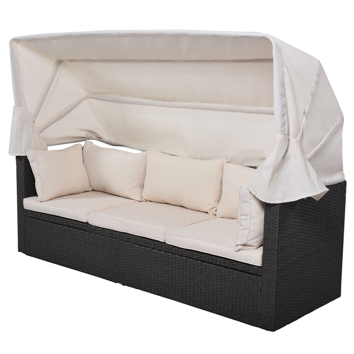 U_Style Outdoor Patio Rectangle Daybed With Retractable Canopy, Wicker Furniture Sectional Seating With Washable Cushions, Backyard, Porch