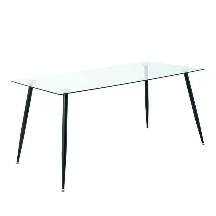 Modern Kitchen Glass Dining Table Rectangular Tempered Glass Table Top, Clear Dining Table Metal Legs, Black Legs (Set of 1)