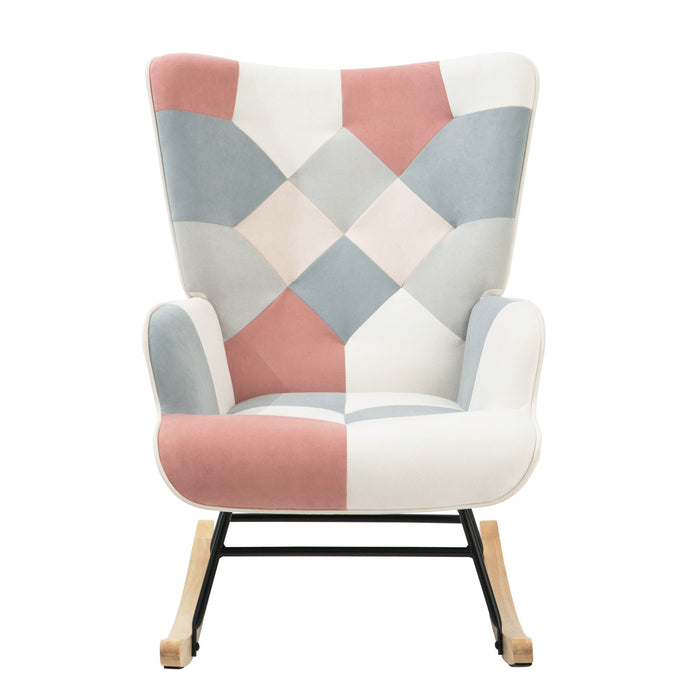 Rocking Chair, Mid Century Fabric Rocker Chair With Wood Legs And Patchwork Linen For Livingroom Bedroom - Pink