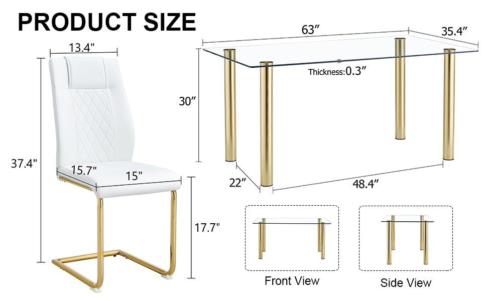 1 Table With 6 Chairs, Transparent Tempered Glass Tabletop, Thickness 0.3 Feet, Golden Metal Legs, Paired With White PU Backrest Cushion Chair, Golden Plated Metal Legs