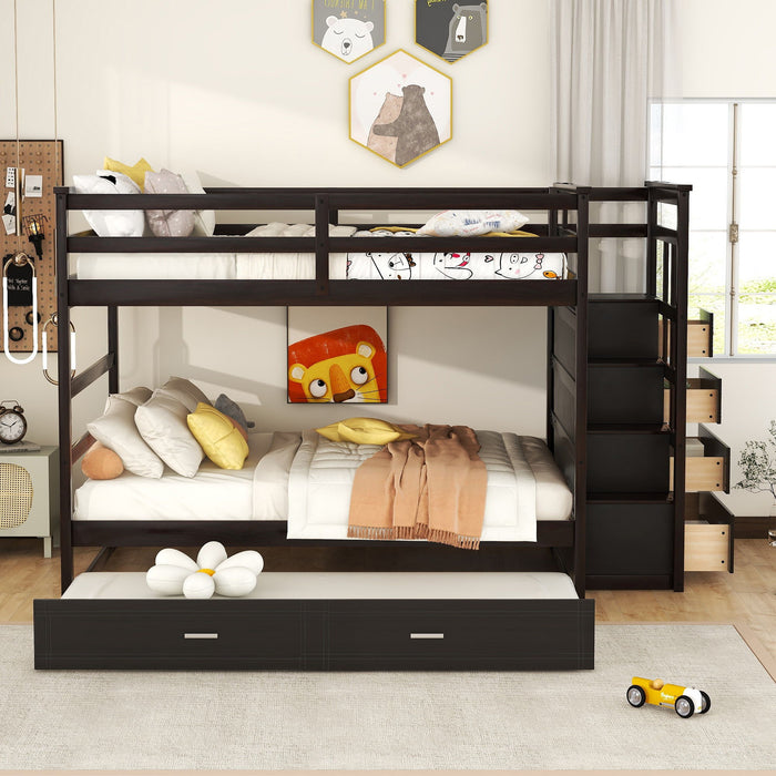 Full Over Full Bunk Bed With Twin Size Trundle And Staircase, Espresso