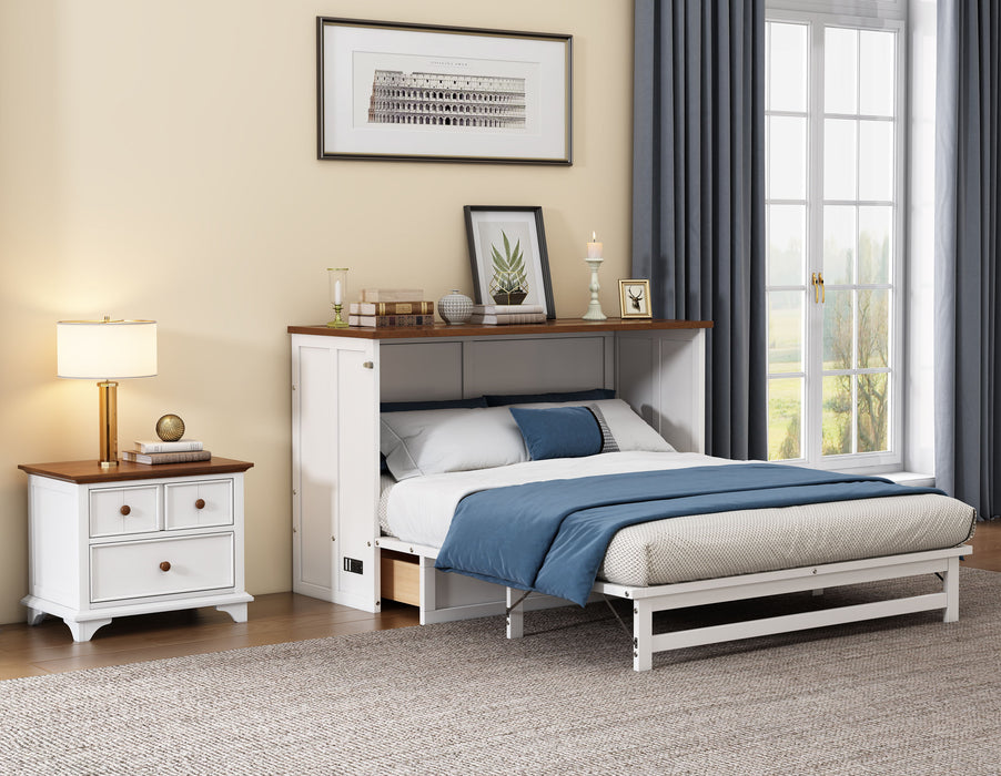 2 Pieces Wooden Bedroom Set Full Murphy Bed And Nightstand, White / Walnut