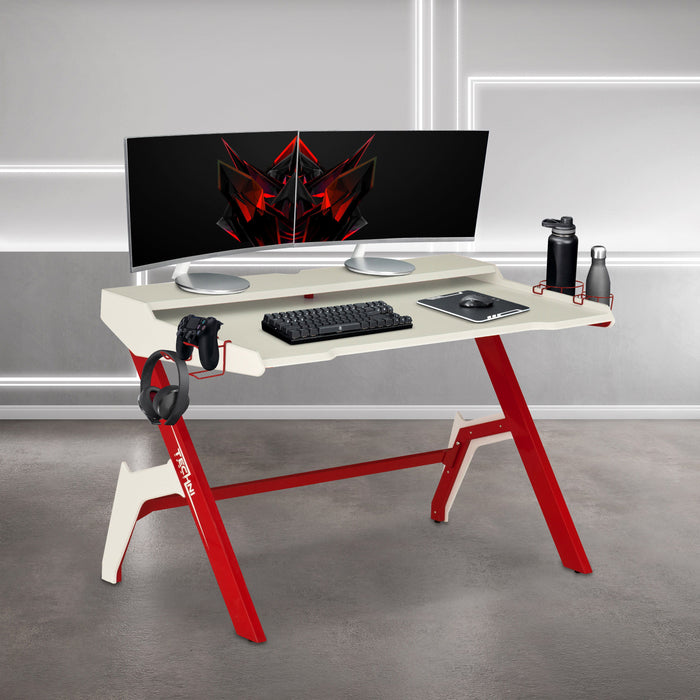 Techni Sport Ergonomic Computer Gaming Desk Workstation With Cupholder & Headphone Hook, Red