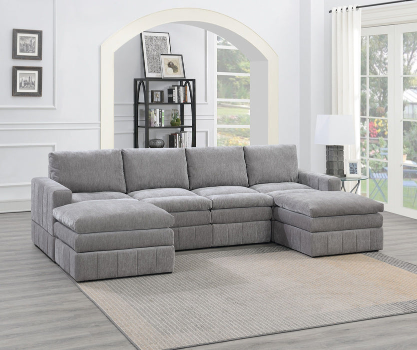 Contemporary 6 Piece Set Modular Sectional Set 2 One Arm Chair / Wedge 2 Armless Chairs 2 Ottomans Granite Color Morgan Fabric Plush Living Room Furniture