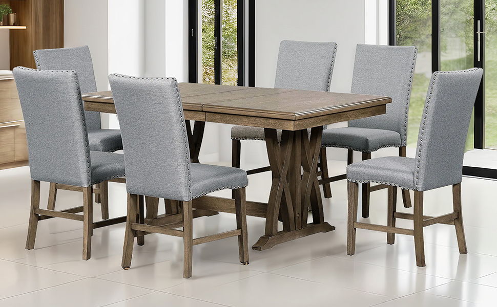 Top max Mid-Century Solid Wood 7 Piece Dining Table Set Extendable Kitchen Table Set With Upholstered Chairs And 12" Leaf For 6, Golden Brown / Gray Cushion