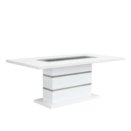Elizaveta - Dining Table - Gray Velvet, Faux Crystal Diamonds &White High Gloss Finish Unique Piece Furniture