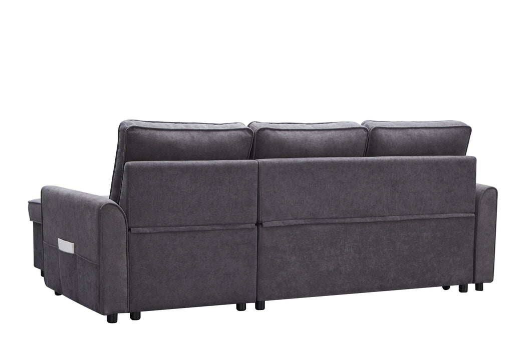Mgea Modern Modular Shaped Sofa Bed With Chaise Longue, Reversible Sofa Bed With Pull Out Bed And Storage, 4 Seat Linen Fabric Convertible Sofa For Living Room Dark Gray