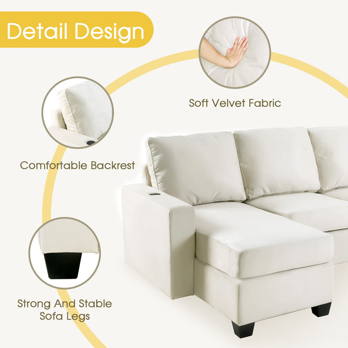 Modern L-Shape Sectional Sofa, 6-Seat Velvet Fabric Couch With Convertible Chaise Lounge, Freely Combinable Indoor Furniture For Living Room, Apartment, Office, 3 Colors - Cream