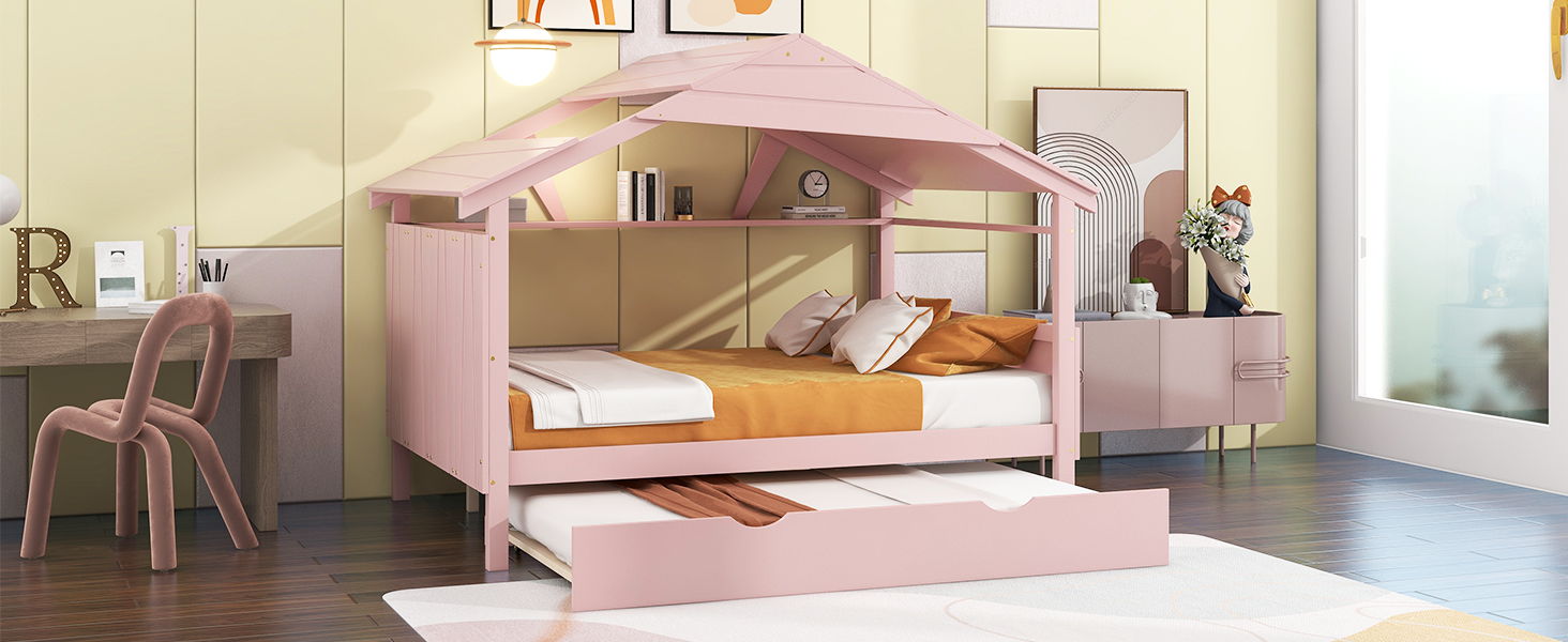 Wood Full Size House Bed With Twin Size Trundle And Storage, Pink