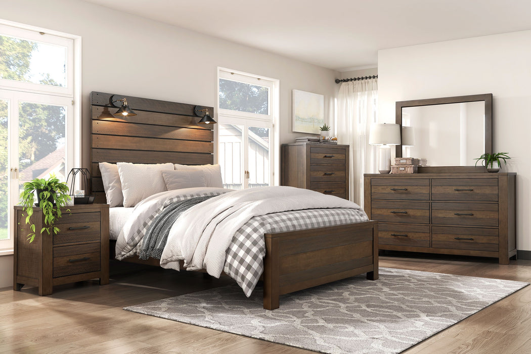 Bold Look Bedroom Furniture Antique Brown Queen Bed Panel Headboard With Built - In Lampshades Wooden Furniture