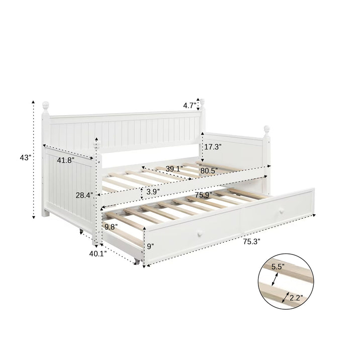 Twin Size Wood Daybed With Twin Size Trundle - White