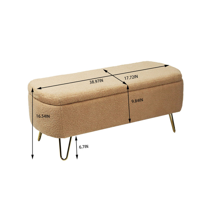 Camel Storage Ottoman Bench For End Of Bed Gold Legs, Modern Camel Faux Fur Entryway Bench Upholstered Padded With Storage For Living Room Bedroom