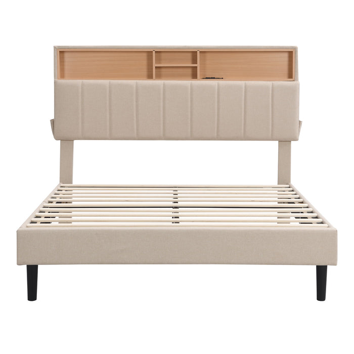 Full Size Upholstered Platform Bed With Storage Headboard And USB Port, Linen Fabric Upholstered Bed (Beige)
