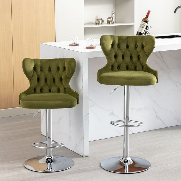 Swivel Velvet Barstools Adjusatble Seat Height From 25 - 33", Modern Upholstered Chrome Base Bar Stools With Backs Comfortable Tufted For Home Pub And Kitchen Island, Olive - Green