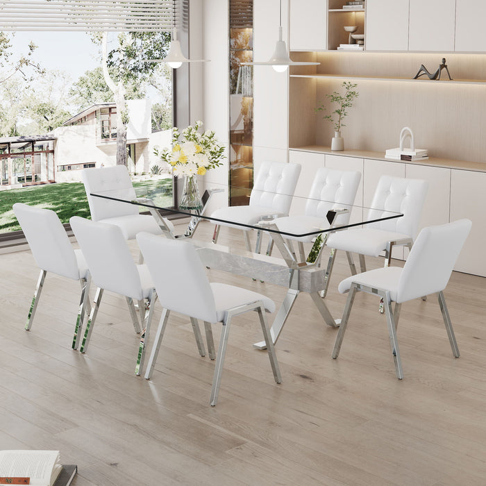 Table And Chair Set 1 Table And 8 White Chairs Tempered Glass Desktop Equipped With Silver Plated Metal Legs And MDF Crossbars Paired With Armless Soft Backrest Dining Chairs