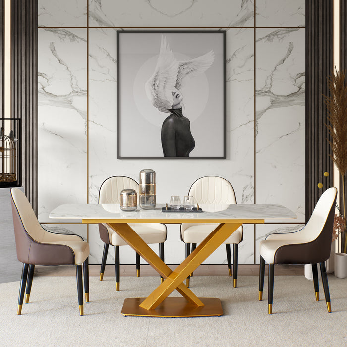 Sintered Stone Dinning Table With 6 Pieces Chairs, Carrara White Color, Modern Dinning Table With Solid Gold Carbon Stell Base 63"