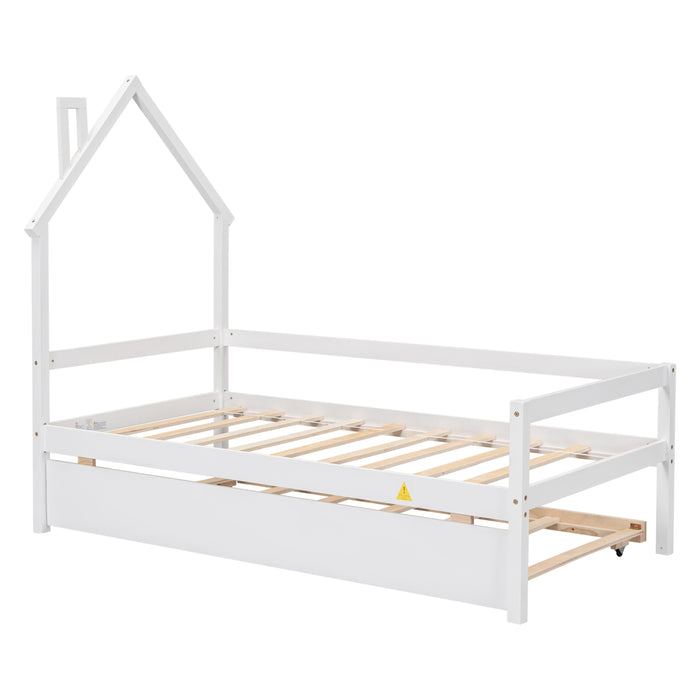 Twin Wooden Daybed With Trundle, Twin House-Shaped Headboard Bed With Guardrails, White