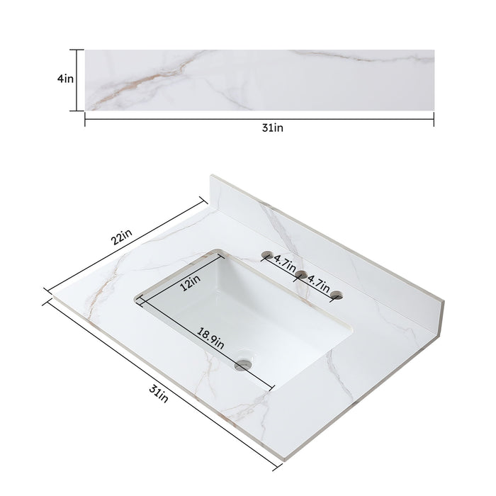 Montary 31 Inch Bathroom Vanity Top Stone Carrara Gold New Style Tops With Rectangle Undermount Ceramic Sink And Back Splash With 3 Faucet Hole For Bathrom Cabinet