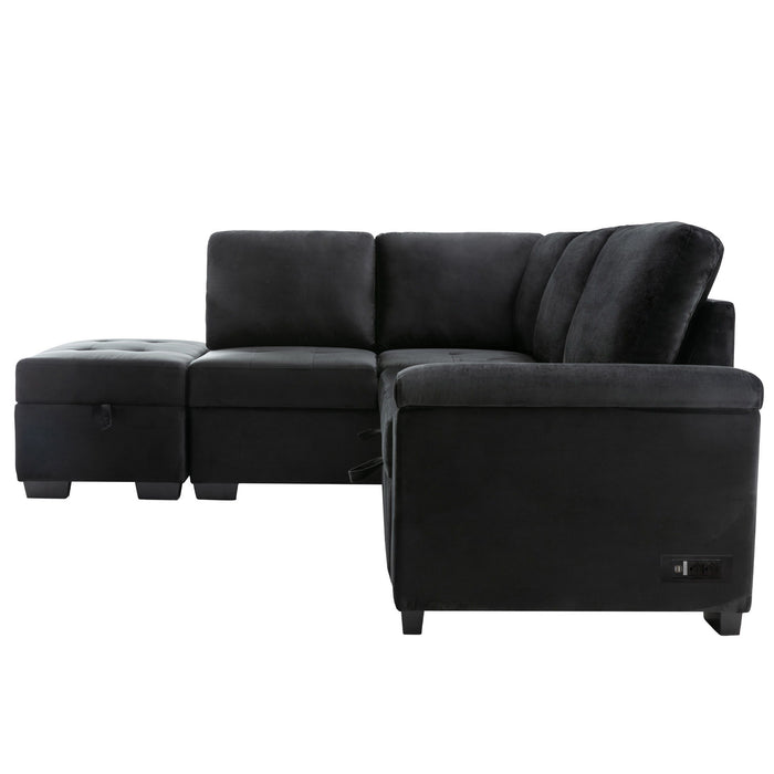 Sleeper Sectional Sofa, L-Shape Corner Couch Sofa-Bed With Storage Ottoman & Hidden Arm Storage & Usb Charge For Living Room Apartment, Black