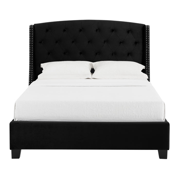 1 Piece Contemporary Style Upholstered Button Tufting Nailhead Trim Demi - Wings Eva Bed Black Finish Wooden Bedroom Furniture