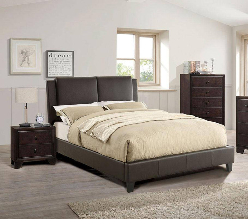 Queen Size Bed 1 Piece Bed Set Brown Faux Leather Upholstered Two Panel Bed Frame Headboard Bedroom Furniture