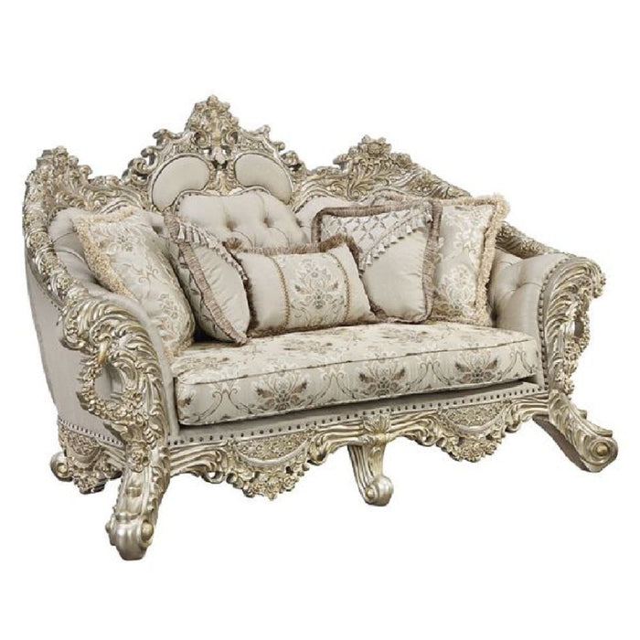 Acme Danae Loveseat With 5 Pillows Fabric, Champagne & Gold Finish