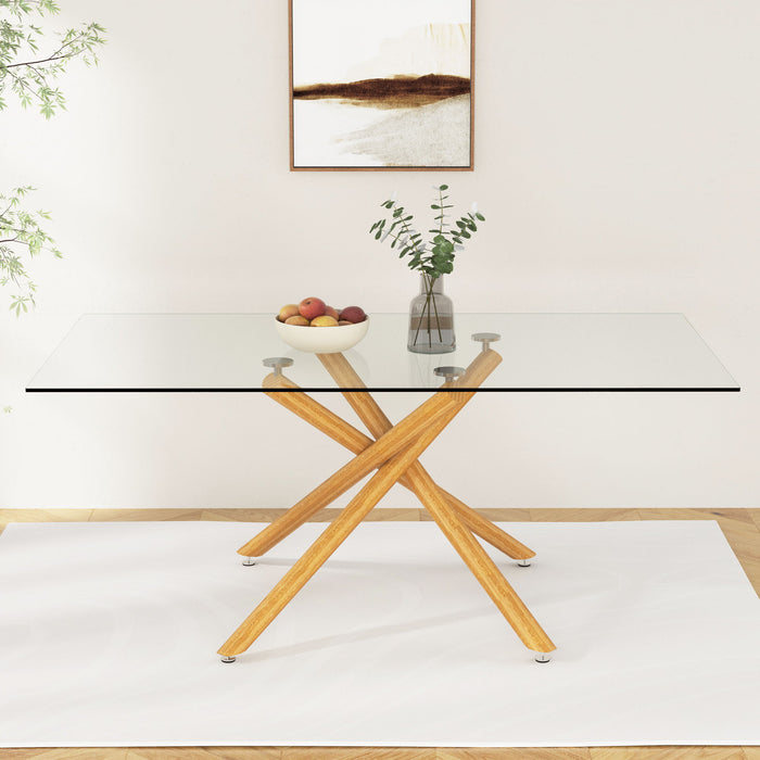 Large Modern Minimalist Rectangular Glass Dining Table For 6-8 With Tempered Glass Tabletop And Wood Color Metal Legs, For Kitchen Dining Living Meeting Room Banquet Hall