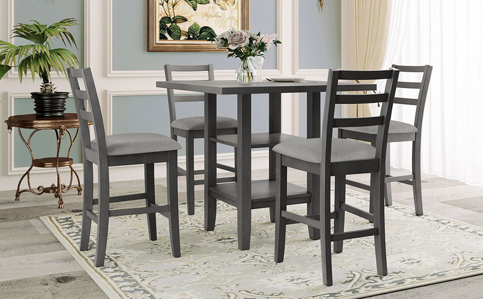Trexm 5 Piece Wooden Counter Height Dining Set With Padded Chairs And Storage Shelving - (Gray)