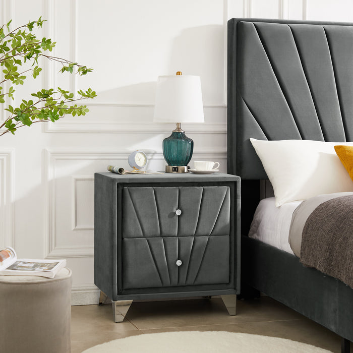 B108 Queen Bed With Two Nightstands, Beautiful Line Stripe Cushion Headboard, Strong Wooden Slats And Metal Legs With Electroplate - Gray