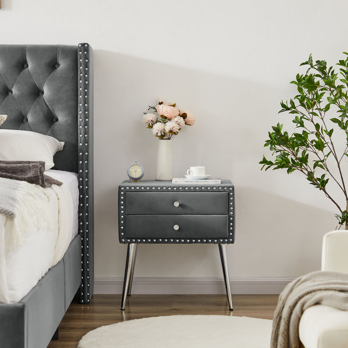B100S King Bed With One Nightstand, Button Designed Headboard, Strong Wooden Slats And Metal Legs With Electroplate - Gray